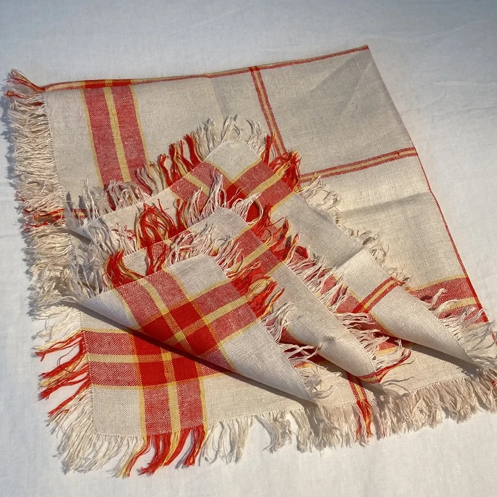 Vintage small linen tablecloth with fringe plaid orange yellow